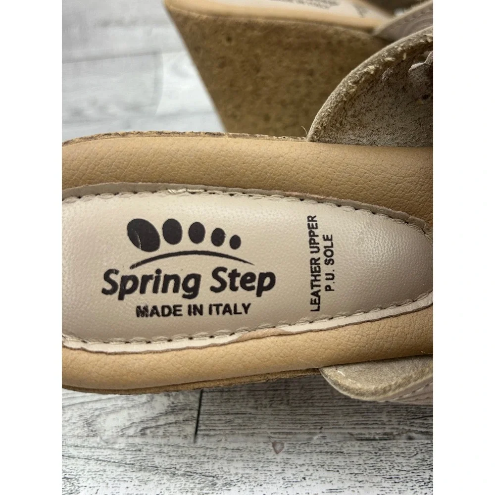 Spring Step Women Beige Leather Laser Cut Floral Wedge Slide Sandals Italy Sz 38